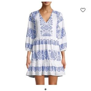 MILLY Debbie Crosstitch Linen White Blue 3/4 Sleeves Dress Size 2